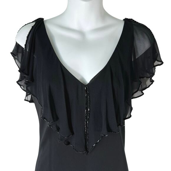 Jones NY Black Formal Maxi Dress Sz 8 Silk Trim Flutter Sleeve Gala V Neck Beads - Picture 1 of 15